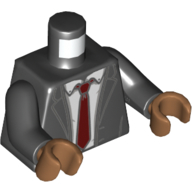 Lego Torso Jacket, Open over White Shirt and Dark Red Tie Print, Black Arms, Medium Nougat Hands / Black
