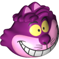 Lego Minifig Head Special with 2 Ears on Top, Yellow Eyes, and Cheshire Cat Grin in Bright Light Pink Muzzle Print / Magenta