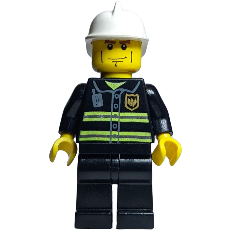 Lego Fireman, Black Fire Jacket with Reflective Stripes, Radio, and Badge, Yellow Hands, White Helmet, Cheek Lines