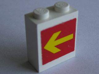 Lego Brick 1 x 2 x 2 with Inside Axle Holder with Yellow Arrow on Red Background Pattern on Both Sides (Stickers) - Set 1256