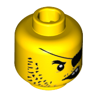Lego Minifig Head Scallywag Pirate, Beard Black Stubble Long, Eyepatch, Crooked Open Mouth with 2 Teeth Print [Hollow Stud] / Yellow