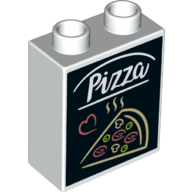 Lego Duplo Brick 1 x 2 x 2 with Bottom Tube with 'Pizza' and Slice of Pizza Print / White