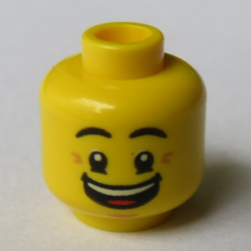Lego Minifig Head Ronny, Eyebrows, Crow's Feet, Open Mouth Smile with Corners / Queasy Face with Sweat Drop Print / Yellow