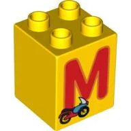 Duplo Brick 2 x 2 x 2 with 'M' and Motorcycle Print / Yellow