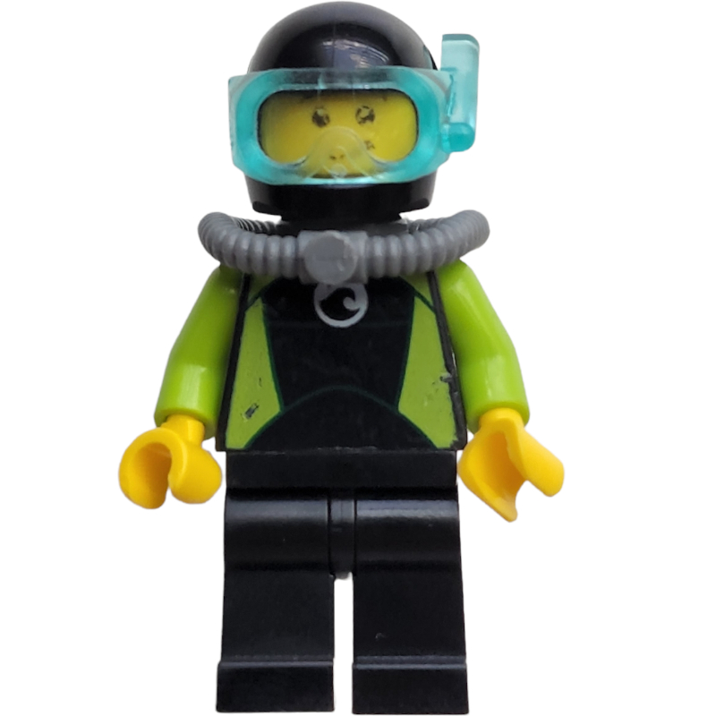 Lego Coast Guard Diver, Black and Lime Wetsuit, Black Helmet, Airtank, Mask