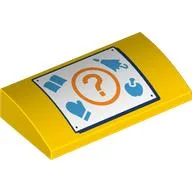 Brick Curved 2 x 4 x 2/3 No Studs with White Square, Medium Blue Book, Glove, Umbrella, Apple, Orange Question Mark in Circle Print / Yellow