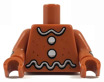 Lego Torso with White Wavy Lines and Circles Icing, Reddish Brown Dots Pattern / Dark Orange Arms with White Stripe Icing and Reddish Brown Dots Pattern / Dark Orange Hands