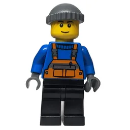 Man, Orange Overalls over Blue Sweater, Black Legs, Dark Bluish Gray Hat