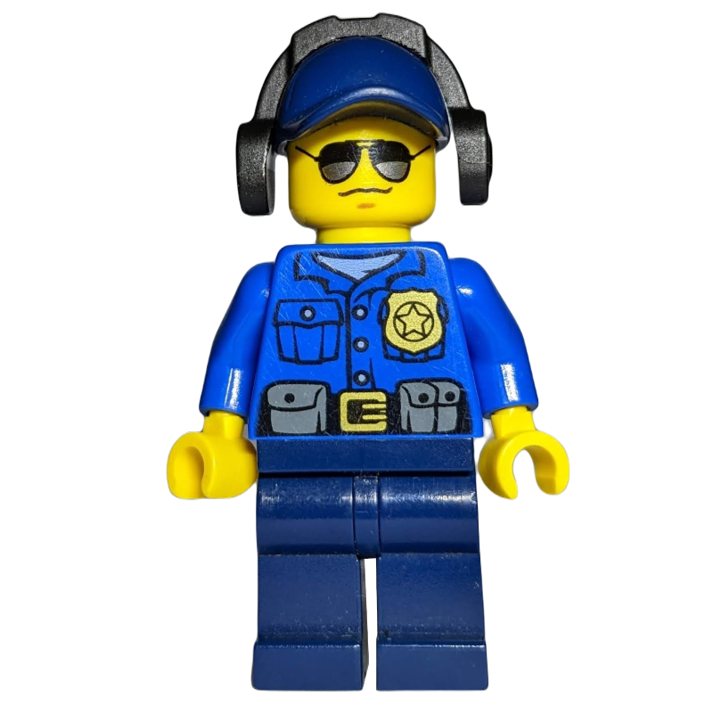 Lego Policeman, Blue Shirt with Badge and Pouches, Dark Blue Legs, Dark Blue Cap with Ear Defenders, Sunglasses