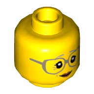 Lego Minifig Head Mystake / Grandmother, Dark Tan Large Glasses, Gray Eyebrows, Peach Lips, Crows Feet (Old Woman) [Recessed Stud] / Yellow