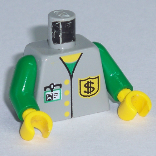 Lego Torso Bank Employee Jacket, Dollar Sign Badge and ID Print, Green Arms, Yellow Hands / Light Gray