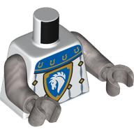 Lego Torso, Knight Armor, Blue Collar, Shield with White Horse on Blue Field, Gold Border, Diamonds print, Flat Silver Arms and Hands / White