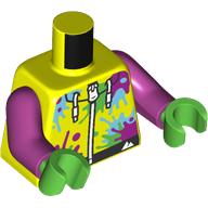 Lego Torso, Hoodie with Magenta, Bright Green, Medium Azure Splotches, White Zipper, Laces print, Magenta Arms, Bright Green Hands / Vibrant Yellow