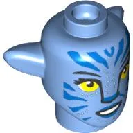 Minifig Head Special Alien Na'vi with Yellow Eyes, Blue Markings, Smile Print / Medium Blue