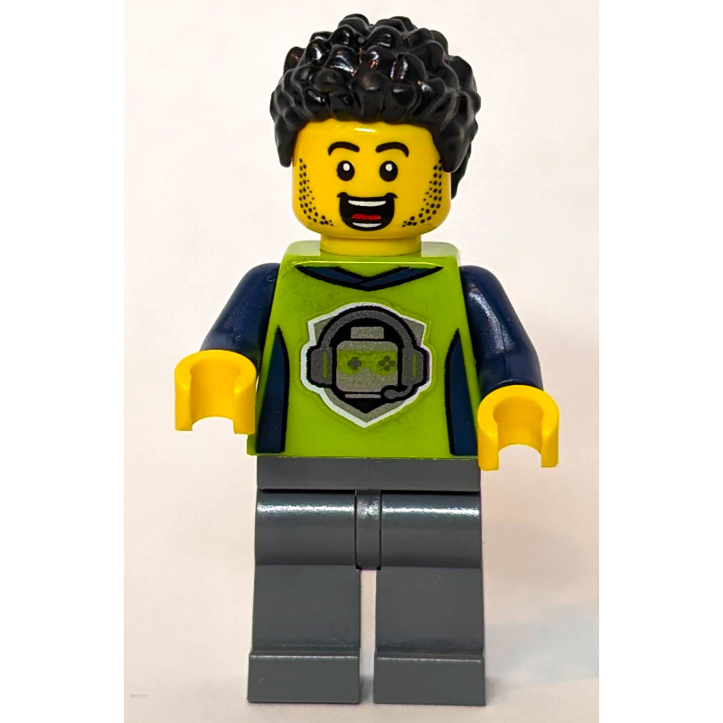 Lego Man, Lime Jacket, Dark Bluish Gray Legs, Black Hair