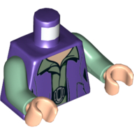 Lego Torso Vest over Sand Green Shirt with Open Collar and Silver Belt Buckle / 2 Straight and 2 Curved Crossing Black Lines on Back Print, Sand Green Arms, Light Nougat Hands / Dark Purple