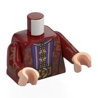 Lego Torso, Open Robe, Gold Decorations, Dark Purple/Gold Shirt, Nougat Belt print, Dark Red Arms, Light Nougat Hands / Dark Red