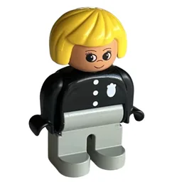 Duplo Figure, Early, Hair Bob Yellow, Light Gray Legs, 3 Buttons and Badge Print / Black