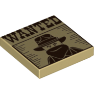 Lego Tile 2 x 2 with 'WANTED' Western Bandit Poster Print / Tan