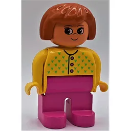 Duplo Figure, Early, Hair Bob Dark Orange, Dark Pink Legs, Buttons and Medium Green Flowers Print / Yellow