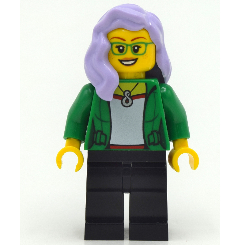 Lego Woman, Open Green Jacket, Black Legs, Lavender Hair