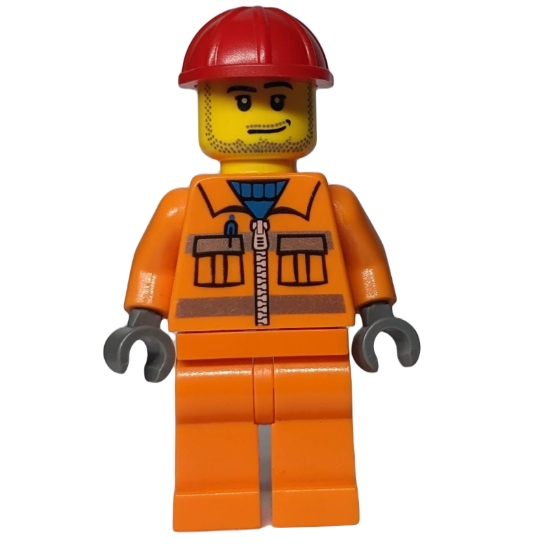 Lego Construction Worker in Orange Jacket with Zipper and Reflective Stripes, Red Helmet, Smirk and Stubble Beard