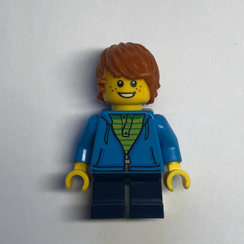 Lego Boy, Dark Azure Torso, Dark Blue Legs, Dark Orange Hair