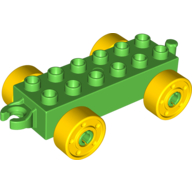 Lego Duplo Car Base 2 x 6 with Fake Bolts, Open Hitch End and Yellow Wheels / Bright Green