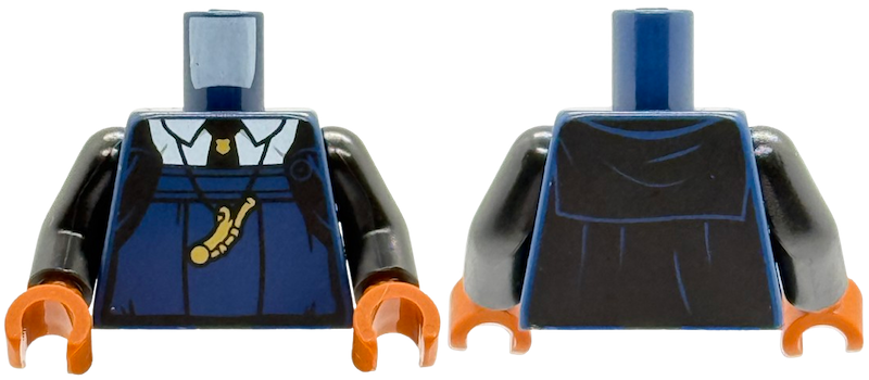 Lego Torso Black Cloak Open over Blouse and White Shirt with Collar, Tie with Gold Pin, Necklace with Large Whistle Pattern / Black Arms / Dark Orange Hands