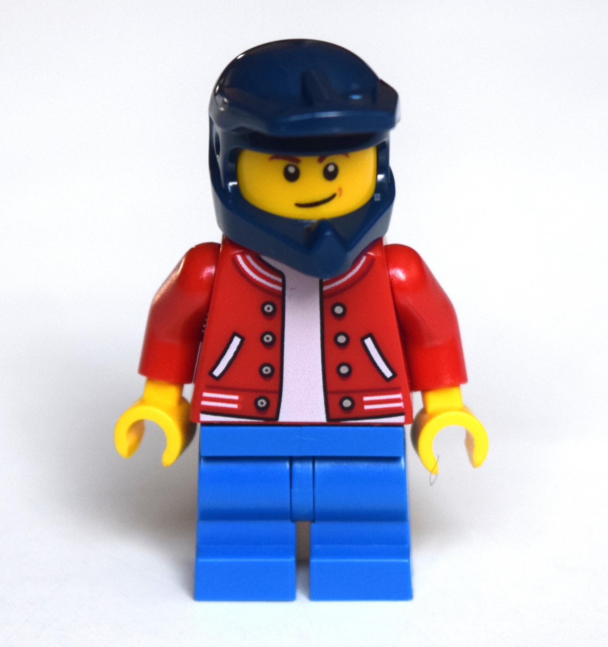 Lego Boy, Red Letterman Jacket, Blue Medium Legs, Dark Blue Dirt Bike Helmet