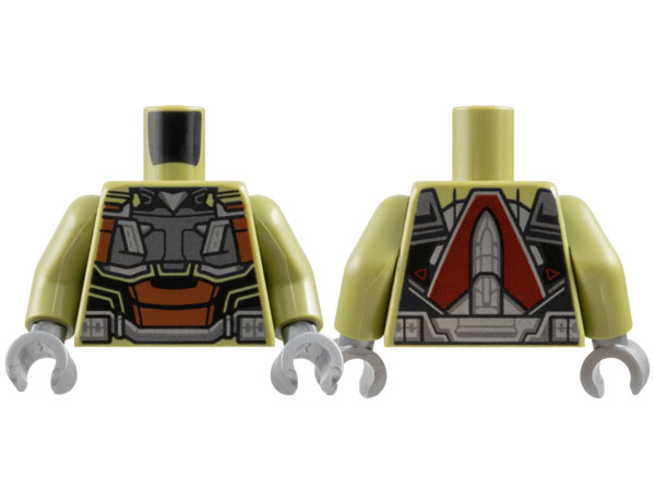Lego Torso Armor, Dark Silver Breastplate and Belt, Silver Trim, Reddish Brown Midriff Panels Pattern / Olive Green Arms / Flat Silver Hands