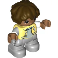 Duplo Figure Child with Short Wavy Hair Dark Brown, Light Bluish Gray Legs, Letterman Jacket Print / Bright Light Yellow