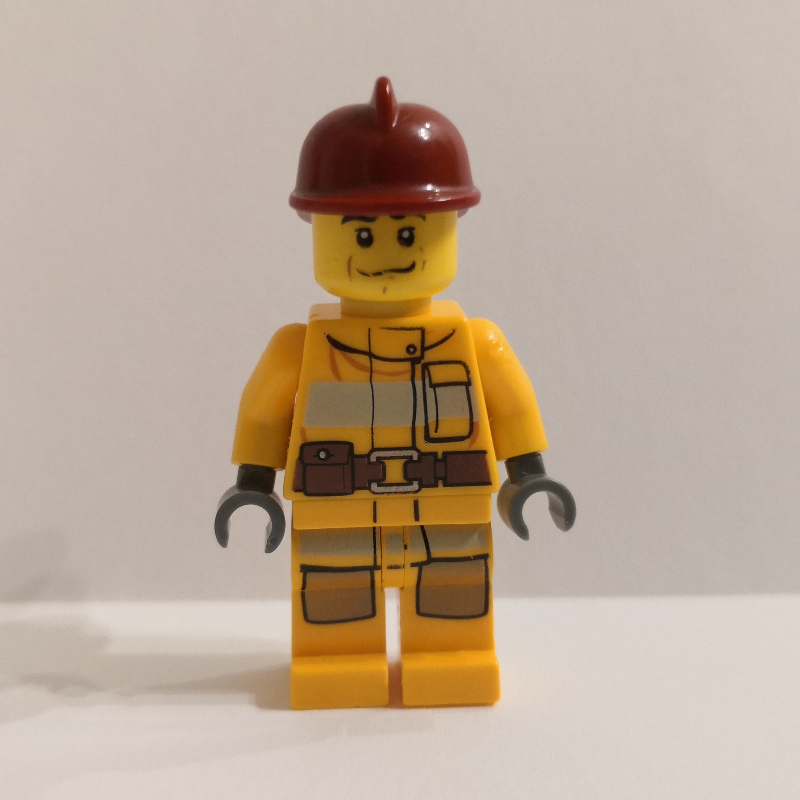 Lego Fireman, Bright Light Orange Fire Suit, Dark Red Helmet