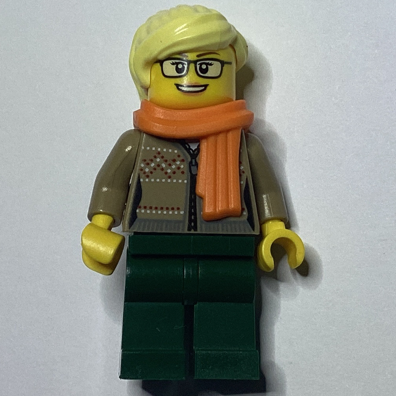 Lego Woman, Dark Tan Cardigan with Zipper, Dark Green Legs, Bright Light Yellow Hair, Glasses