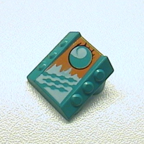Lego Brick Sloped 2 x 2 No Studs, with 3 Side Pistons Raised Edges and Loopin Print / Dark Turquoise