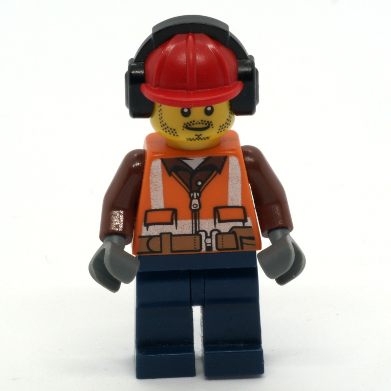 Lego Construction Worker, Orange Safety Vest with Zipper and Pockets, Red Hard Hat with Ear Defenders, Stubble