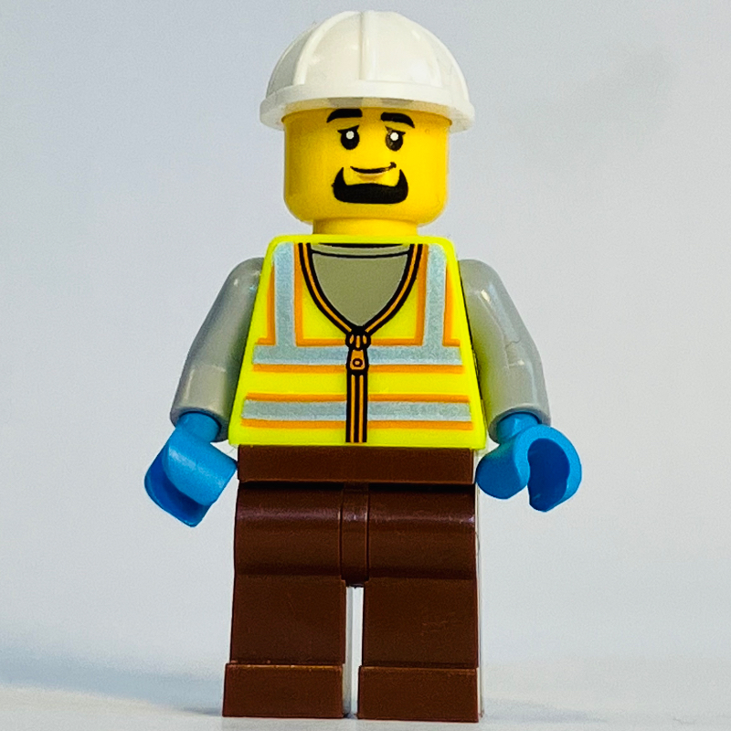 Lego Harbor Worker, Vibrant Yellow Safety Vest, Reddish Brown Legs, White Helmet