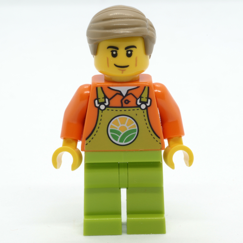Lego Farmer, Lime Overalls, Dark Tan Hair