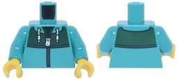Torso Jacket with White Zipper, Drawstrings, Dark Green Panel and Trim over Black Shirt Pattern / Dark Turquoise Arms / Yellow Hands
