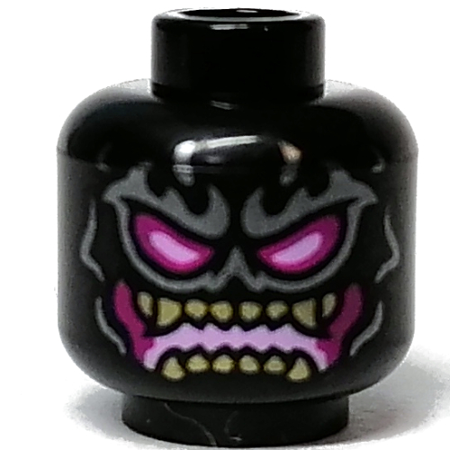 Lego Minifig Head Crystal King, Magenta and Bright Pink Eyes and Mouth, Dark Tan Pointed Teeth Print / Black