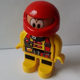Duplo Figure, Early, Helmet Red, Yellow Legs, Jumpsuit, Red Utility Harness Print / Yellow