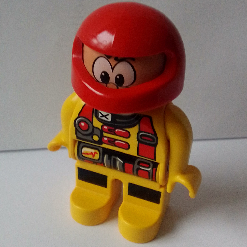 Lego Duplo Figure, Early, Helmet Red, Yellow Legs, Jumpsuit, Red Utility Harness Print / Yellow