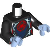 Lego Torso, Muscles, Red Spider, Dark Blue Armor, Metal Blue Lightning Bolts print, Black Arms, Bright Light Blue Hands / Black