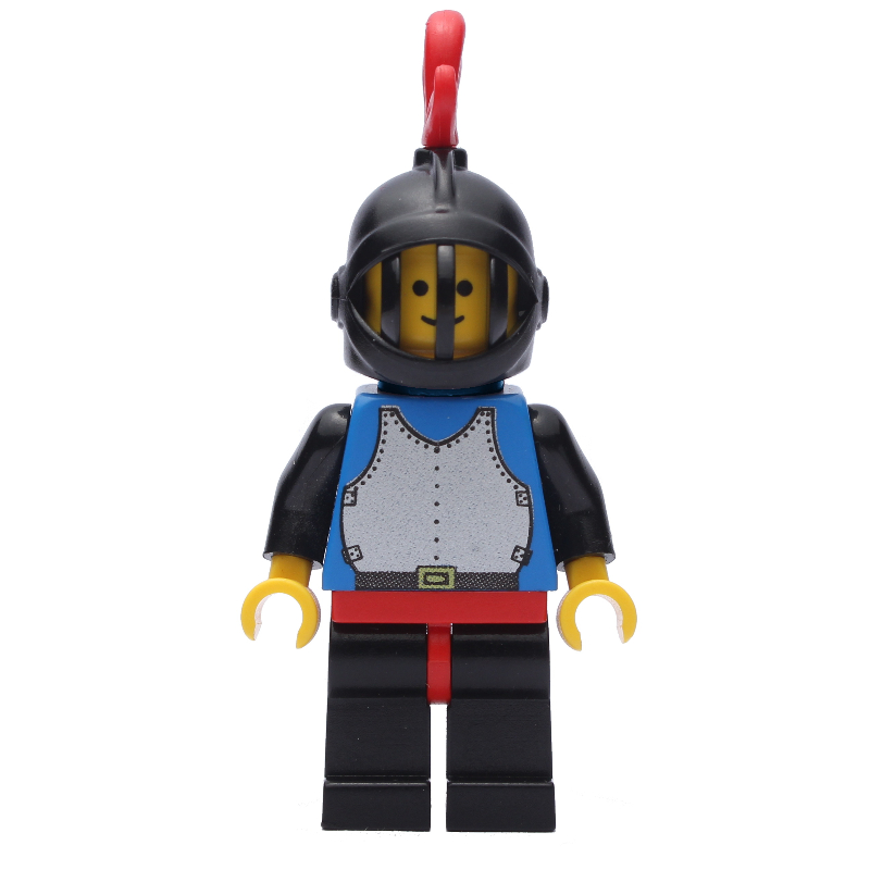 Lego Knight (Breastplate on Blue) - Black Legs, Black Helmet, Red Plume, Plastic Cape