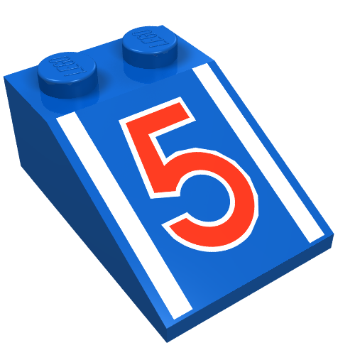 Lego Brick Sloped 33° 3 x 2 with Red "5" and White Stripes Print / Blue