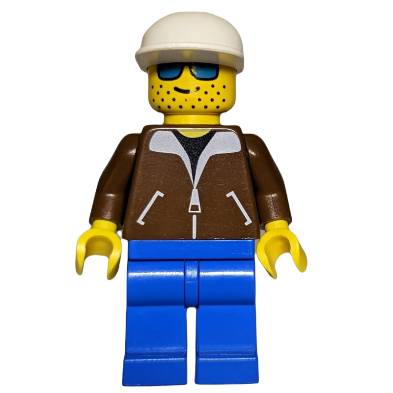 Lego Man, Brown Jacket, Blue Legs, White Cap, Blue Sunglasses