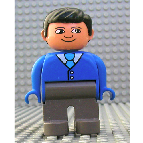Lego Duplo Figure, Early, with Short Parted Hair Black, Dark Gray Legs, White Shirt, Light Blue Tie Print / Blue