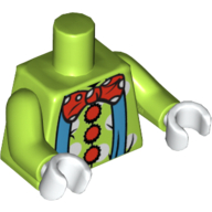 Lego Torso 3 large Red Buttons and Red Polka Dot Bow Tie Print (Clown), Lime Arms, White Hands / Lime