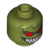 Lego Minifig Head Killer Croc, Dark Green Scales, Red Eyes, Wide Mouth, Sharp White Teeth / Olive Green