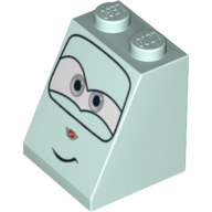 Lego Brick Sloped 65° 2 x 2 x 2 with Bottom Tube and Eyes, Gray and Crooked Smile Print / Light Aqua